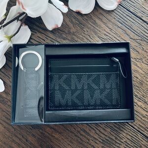 Michael Kors Men’s Card Holder & Key Ring Gift Set – Black Signature NEW!